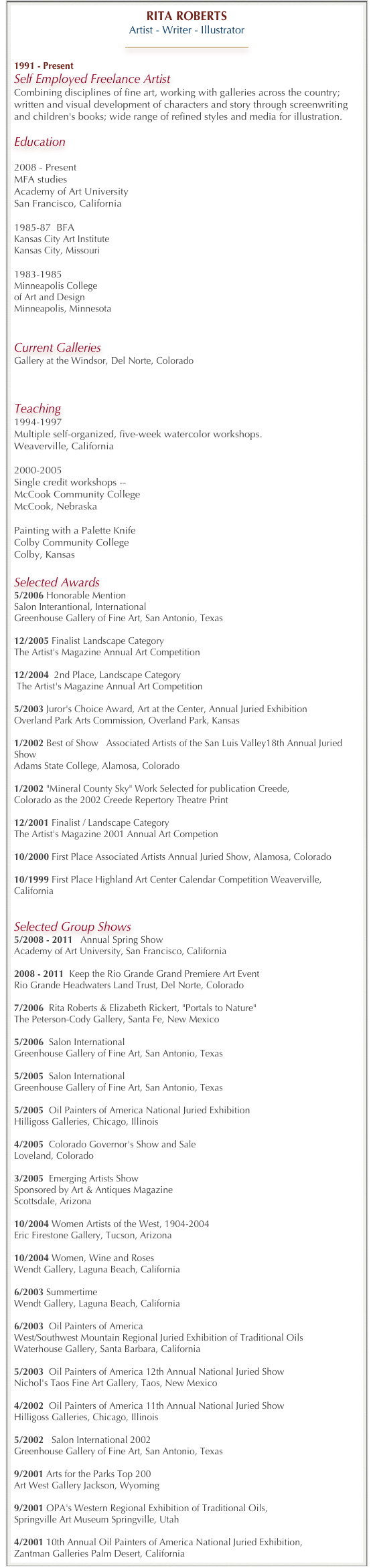 Rita Roberts CV